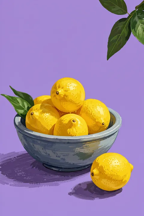 Fresh Yellow Lemons. Yellow lemons sit in a grey-blue bowl and beside it on a lavender tabletop, with dark green leaves above.