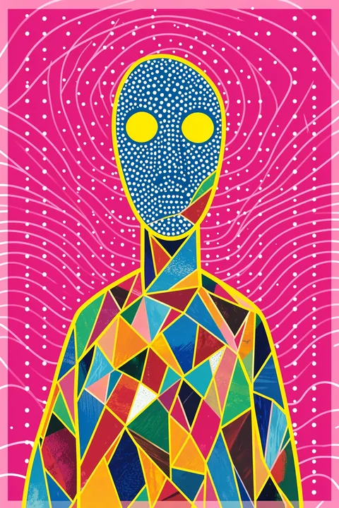 Glowing Polka Dot Portrait. A stylized geometric figure with a dotted navy oval head and multicoloured angular body stands against a hot-pink field patterned with white dots and loops.