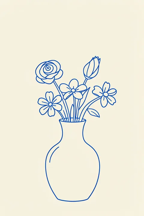 Self-Care Blooms. A blue line illustration of a vase holding a rose, buds and daisy-like flowers is centred on pale yellow.