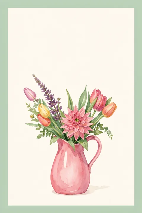 Watercolor Spring Bouquet. A watercolor bouquet of pink and yellow tulips, lavender and a large pink bloom sits in a pink pitcher, framed by white and sage green.