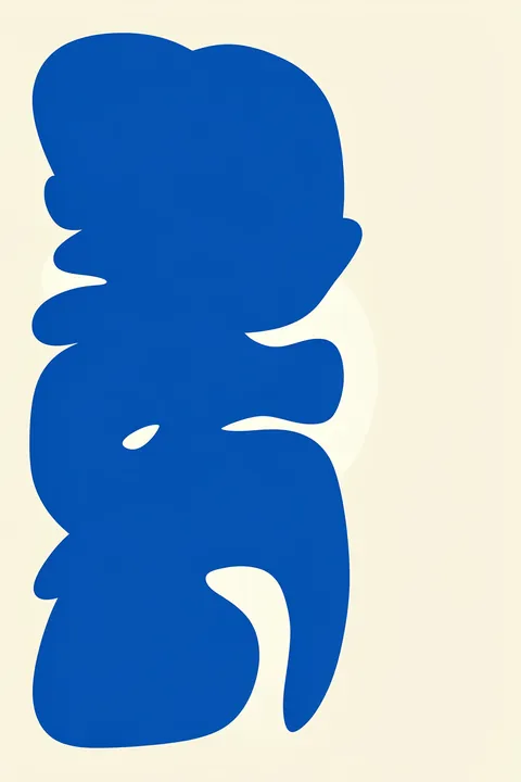 Blue Abstract Shapes. Large, solid cobalt-blue organic shapes overlap vertically on a warm ivory background.