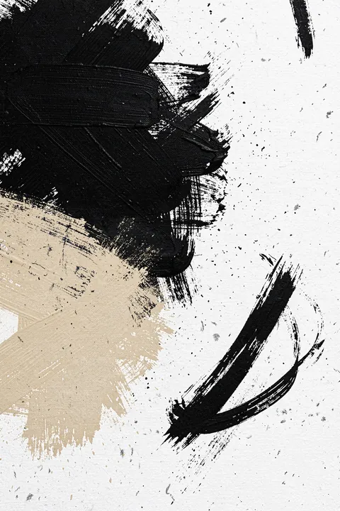Black and Nude. Rough black and white brushstrokes with a broad beige accent form an expressive abstract composition on textured paper.
