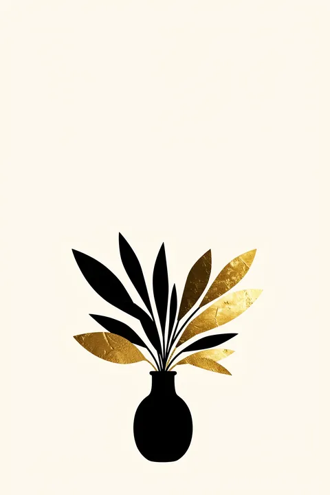 Bouquet No.5. A simplified black vase holds graphic leaves in black and textured gold against a warm ivory background.