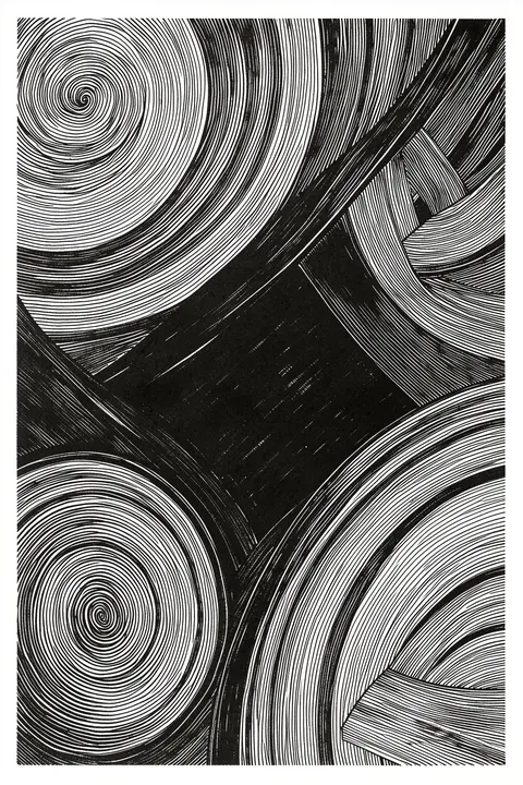 Curved Line Symphony. Dense black-and-white curved lines sweep and spiral around a dark central area in a high-contrast graphic pattern.