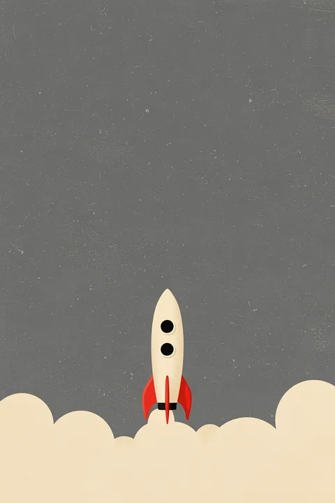 Retro Rocket Launch. A simple cream rocket with red fins rises above rounded clouds against a textured charcoal-grey sky.