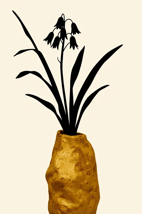 Water Lilies Gold. A black silhouetted plant with drooping bell-shaped flowers grows from a textured golden vessel on ivory.