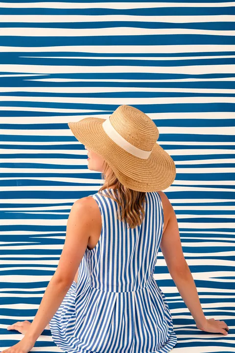 Summer Woman on Waves. A woman in a blue-and-white striped dress and wide straw hat sits facing away against bold horizontal blue-and-cream stripes.