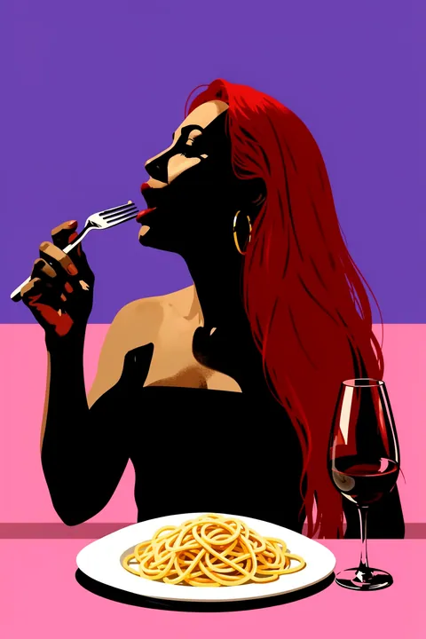 Eat spaghetti no regretti. A stylized red-haired woman lifts a fork toward her mouth beside a plate of spaghetti and a glass of red wine, against purple and pink blocks.
