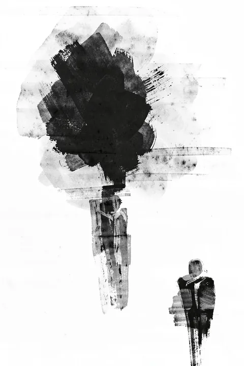 Dynamic Monochrome Abstract. A loose monochrome composition of layered grey washes and rough black brush marks forms an abstract figure-like silhouette on white.