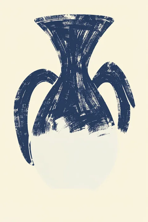 Textured Blue Vessel. A large, distressed navy-blue two-handled vessel stands against warm ivory.