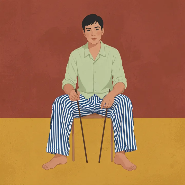 Woman in Striped Pants. A seated person in a pale green shirt and blue-and-white striped trousers rests on a chair against rust and ochre colour blocks.
