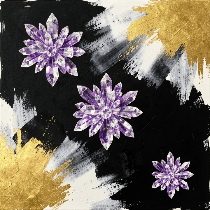 Elegant Floral Abstract. Purple faceted flower forms sit over expressive black, white and gold brushstrokes.