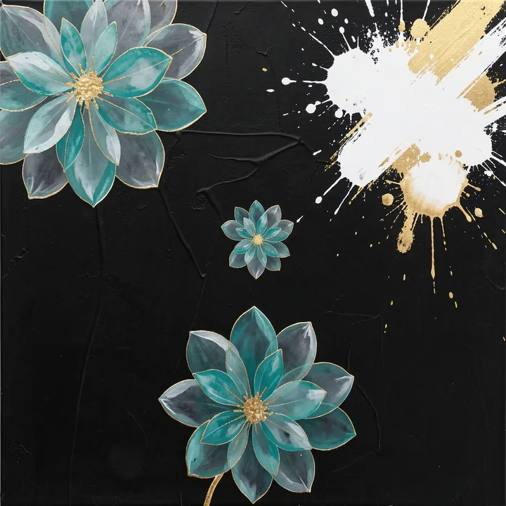 Elegant Gold Flowers. Teal and grey stylized flowers outlined in gold float over a textured black ground with white and gold paint splashes.