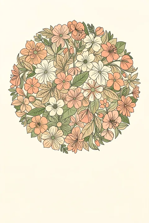 Jasmine. A rounded bouquet of peach and cream flowers with muted green leaves is drawn in fine lines on ivory.