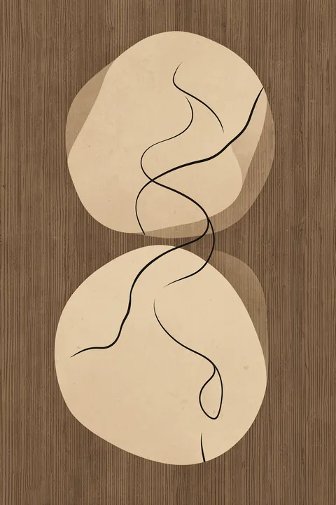 Curves of Serenity. Two large overlapping pale stone-coloured circles with thin flowing black curves sit on a dark wood-grain background.