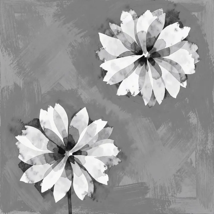 Abstract White Blooms. Two white, dark-centred flowers sit on a textured grey ground in a loose monochrome painting.