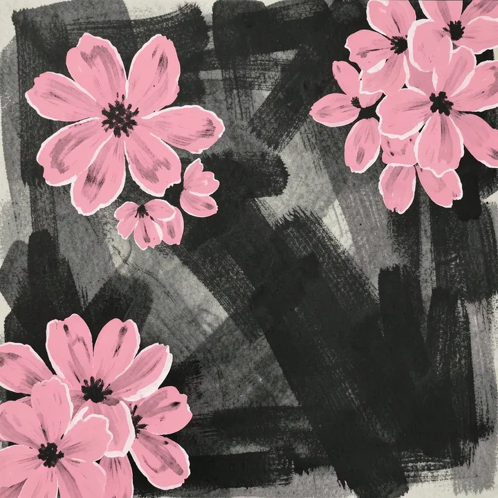 Moody Floral Abstract. Loose pink blossoms overlap broad charcoal-grey and black brush marks on a pale textured background.