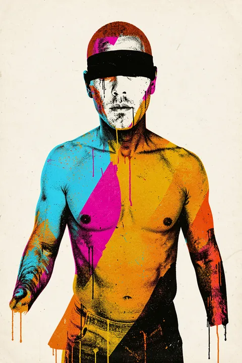 Colorful Abstract Woman. A colourful pop-art portrait of a blindfolded figure with a bare torso uses vivid cyan, magenta, yellow and orange on ivory.