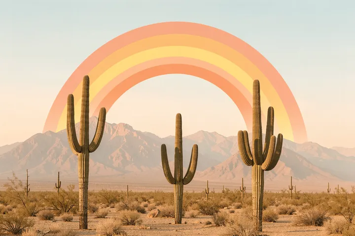 Arizona Sunrise. Saguaro cacti and distant mountains sit beneath a layered peach-and-yellow sunrise in a desert landscape.