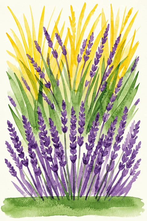 Vibrant Floral Meadow. Watercolor purple lavender spikes rise among bright yellow-green leaves on a light ground.