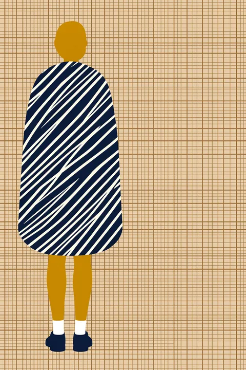 Minimalist Blue Striped Figure. A simplified figure in a navy-and-white striped coat and ochre trousers stands against a fine tan grid.