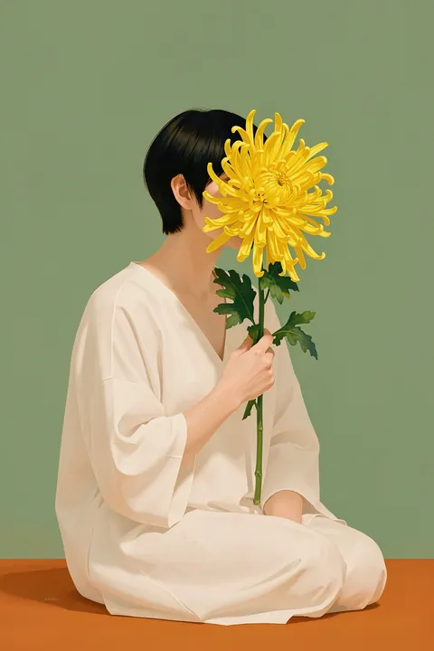 Thecrysanthemum. A seated person in a white robe holds a large yellow chrysanthemum over their face against sage green.