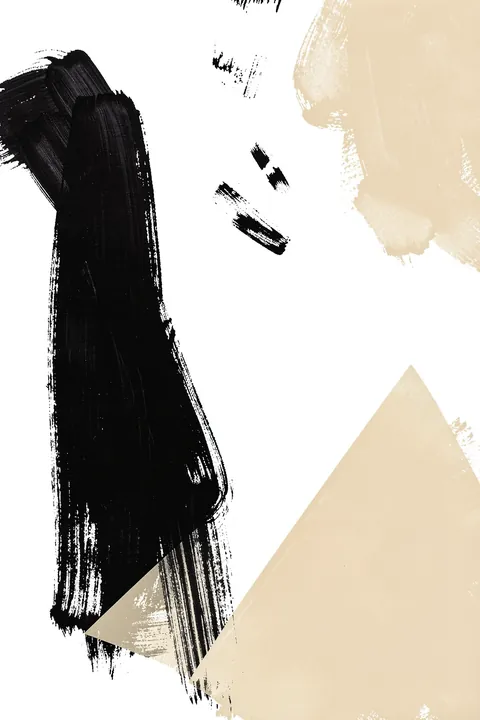 Monochrome Dance. Bold black brushstrokes and pale beige geometric shapes form an abstract composition on white.