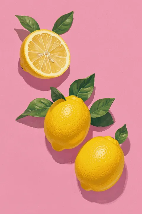 Bright Yellow Lemons. Three bright yellow lemons with green leaves, including one cut open, cast soft shadows on a textured pink background.