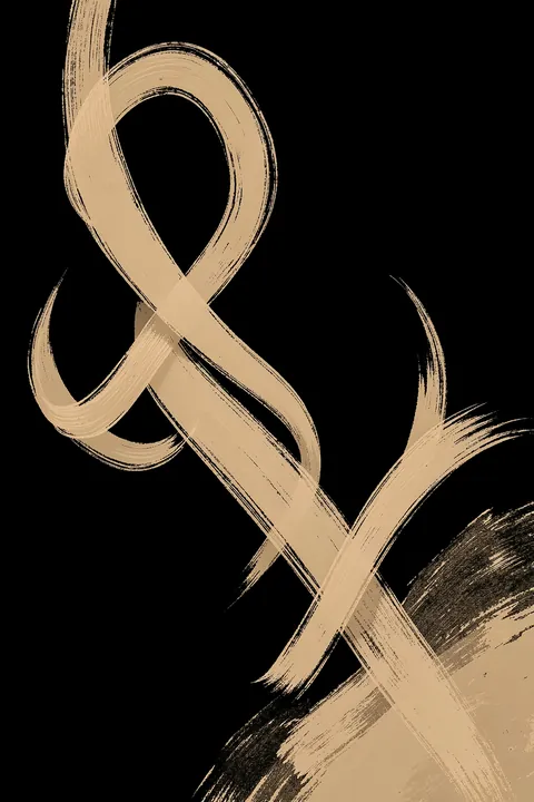 Fluid Rhythms. Broad looping beige brushstrokes cross and curl over a solid black ground.