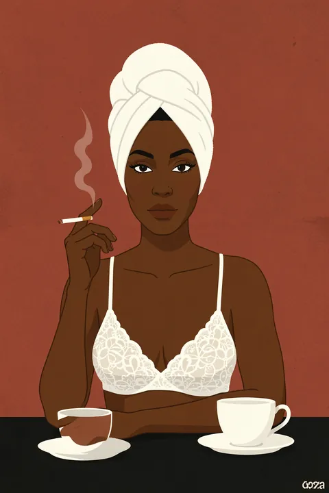 Fuck you. An illustrated woman in a white towel turban and lace top holds a cigarette beside two cups against a rust-coloured background.
