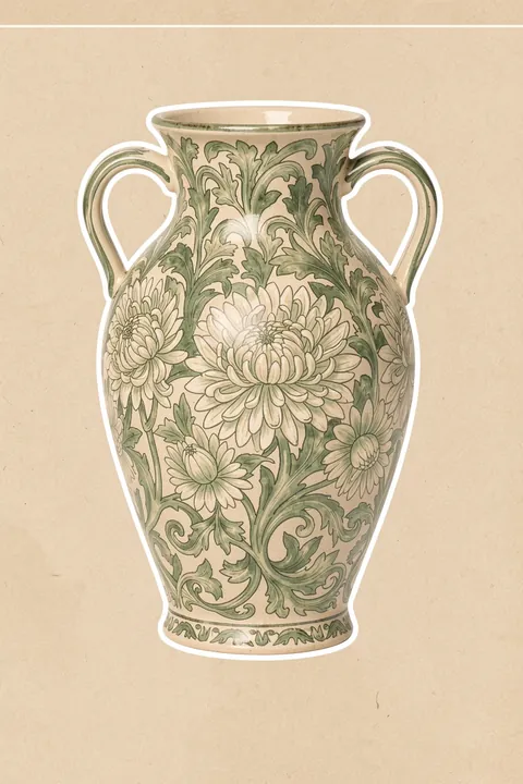 Wm Greek 10ratio 4x5 Print By Bohonewart. A decorative two-handled vase covered in pale green foliage and cream flowers is centred on textured beige.