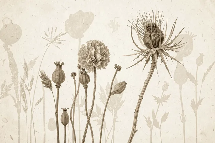 Growing old. Sepia botanical stems, seed pods and dried blooms rise over a pale, softly patterned ground.