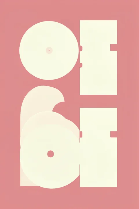 Bold Minimalism. Large cream circles and rectangular forms overlap on a dusty rose background in a minimal geometric composition.