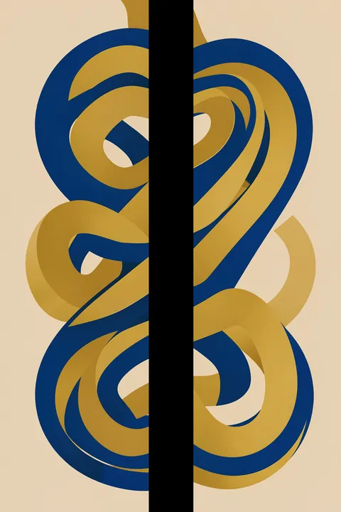 Abstract Blue Gold Design. Interlocking navy-blue and gold curved forms surround a central black vertical bar on a light beige ground.