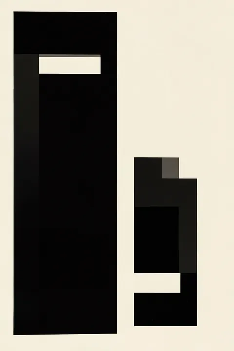 Minimalist Black Shapes. Two tall arrangements of black rectangular blocks stand on a warm ivory background.