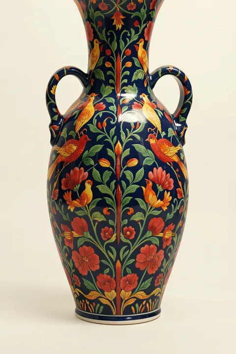 Wm Greek 06ratio 4x5 Print By Bohonewart. A dark blue two-handled vase decorated with bright orange flowers, small birds and green foliage stands on cream.
