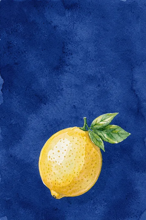 Just a little lemon. A single yellow lemon with green leaves is painted against a deep textured blue background.