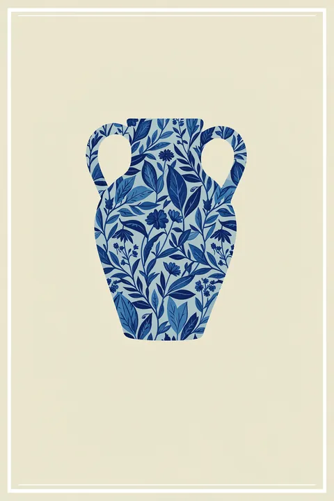 Wm Greek 03ratio 4x5 Print By Bohonewart. A stylized two-handled vase filled with a repeating blue botanical pattern sits inside a thin ivory border.