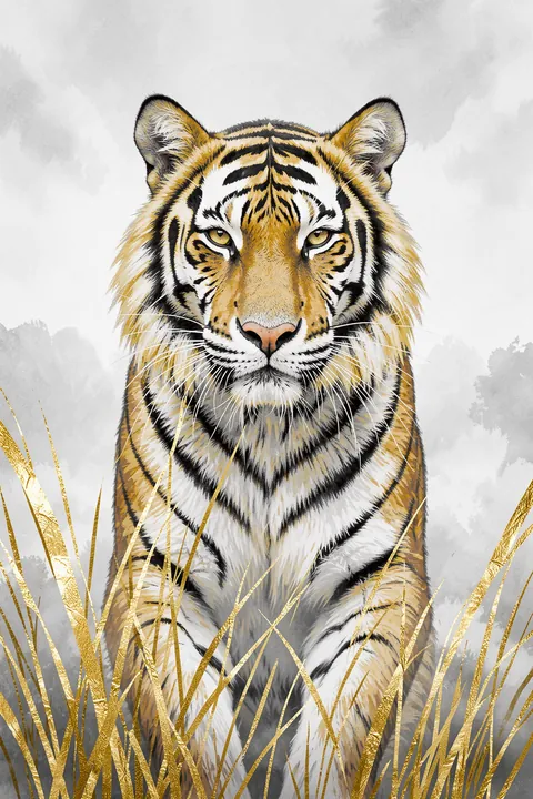 Regal Golden Tiger. A front-facing tiger portrait with golden grasses is set against a softly washed grey and white background.