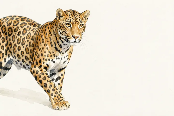 Graceful Watercolor Leopard. A golden, spotted leopard walks across a softly washed white ground, leaving generous open space around its watercolor silhouette.