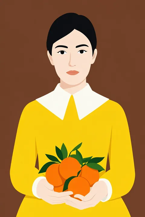 Yellow Lady Oranges. A short-haired woman in a bright yellow top holds oranges against a warm brown background, with a crisp white collar framing the portrait.