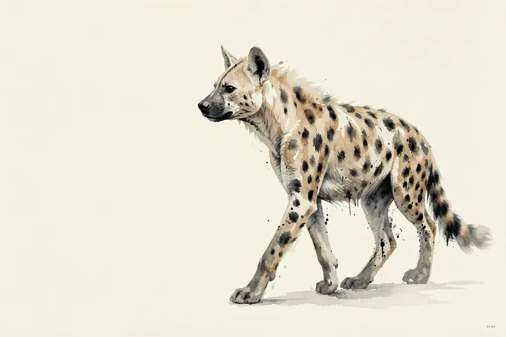 Spotted Hyena Watercolor. A spotted grey-brown hyena walks in profile across a pale, open background in a loose watercolor style.