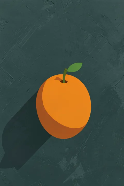 Vibrant Orange Still Life. A bright orange with a small green leaf is centred against a dark, textured teal-green background.