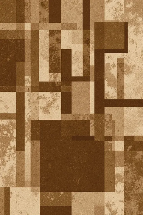 Sepia Geometric Flow. A dense arrangement of geometric rectangles in sepia, ochre and brown creates a richly textured abstract patchwork.
