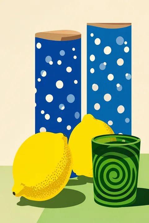 Lemons Green Glass Still Life. Two lemons and a green spiral glass sit beneath blue dotted wall panels in a fresh, graphic still life.