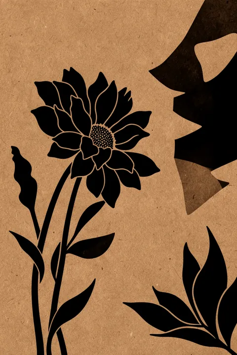 Black Botanical Silhouette. A black botanical silhouette of leafy stems and flowers stands against a warm, kraft-brown textured field.