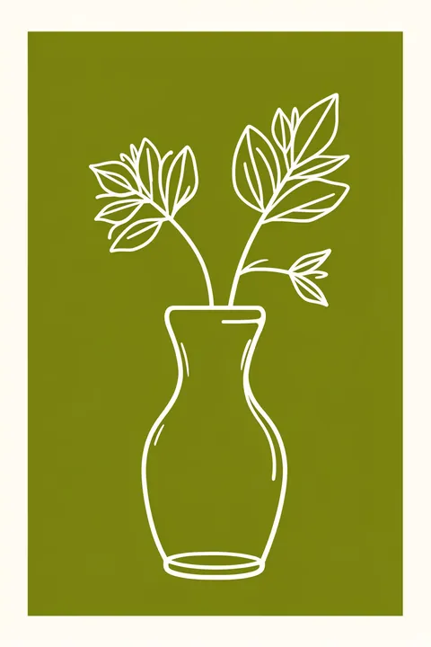 Organic Sage Plant. Fine white linework depicts a vase and leafy branches on an olive-green panel with a pale border.