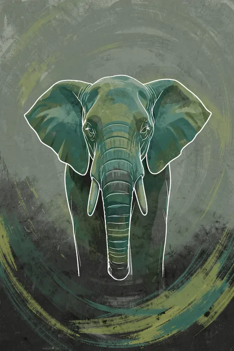 Emerald Glowing Elephant. A front-facing elephant in layered emerald and deep green tones is outlined in white against a distressed charcoal ground.