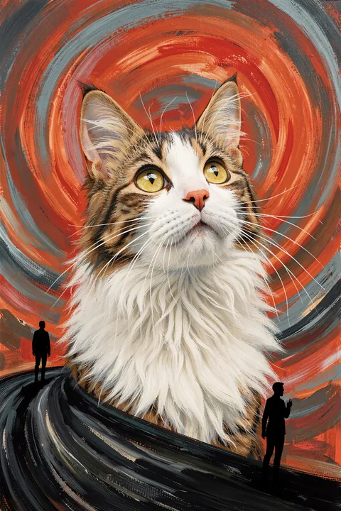 The Screaming Cat. A wide-eyed, long-haired cat fills the frame beneath swirling red and blue brushstrokes, with two small silhouetted figures below.