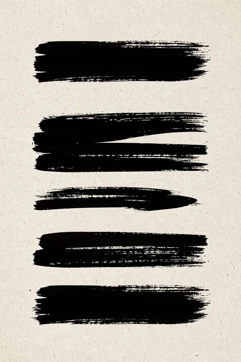 Brushstroke Symphony. Five bold horizontal black brushstrokes are spaced down a lightly speckled cream background.